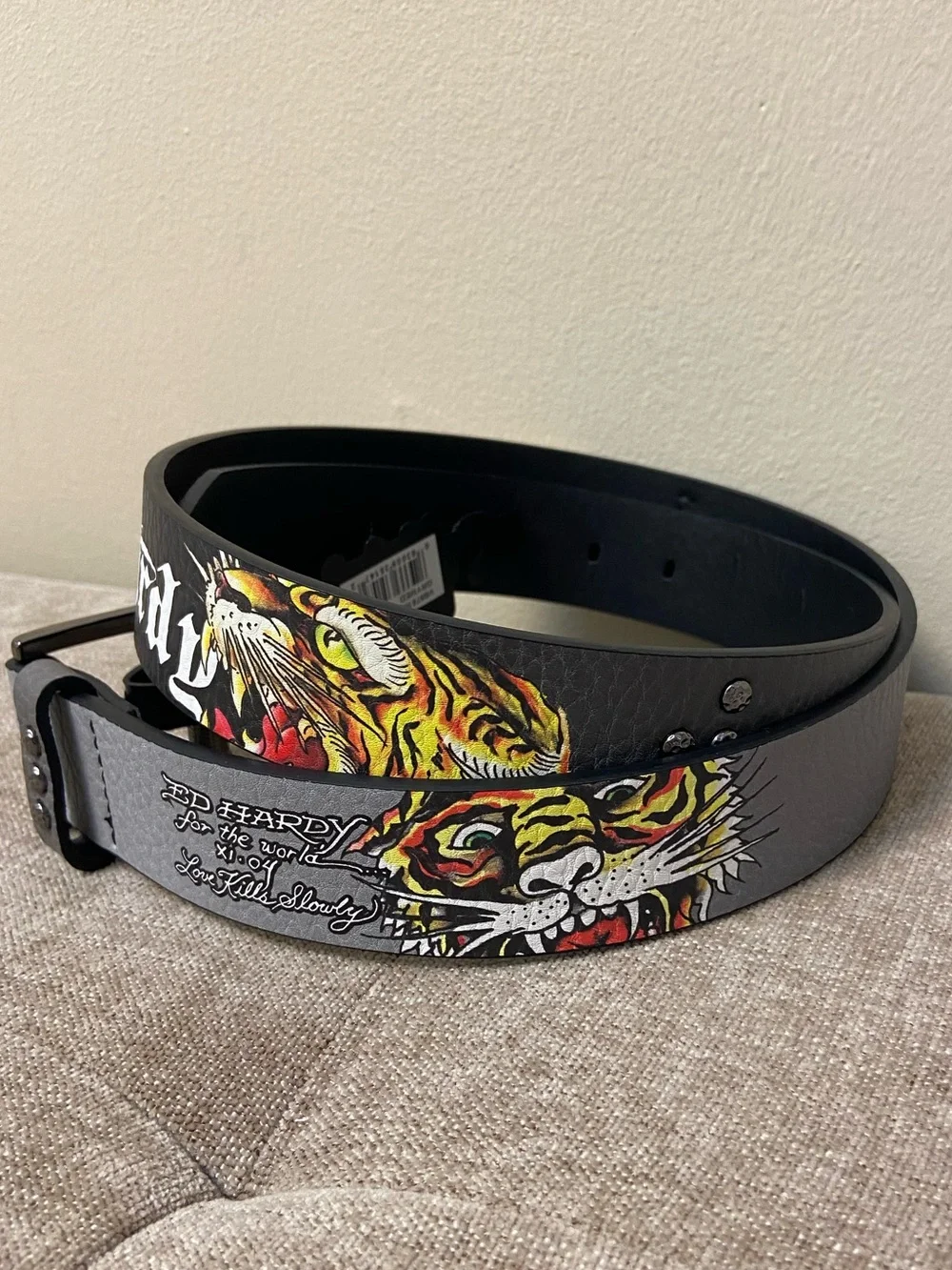 Ed Hardy Tiger Belt Studded Love Kills Slowly Black Grey Men 38 New